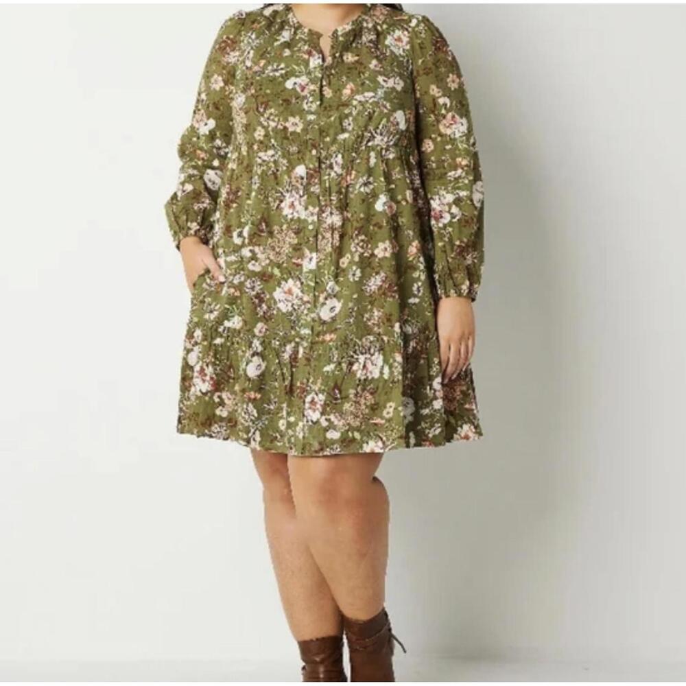 Olive Floral Tiered Babydoll Dress - Plus Size